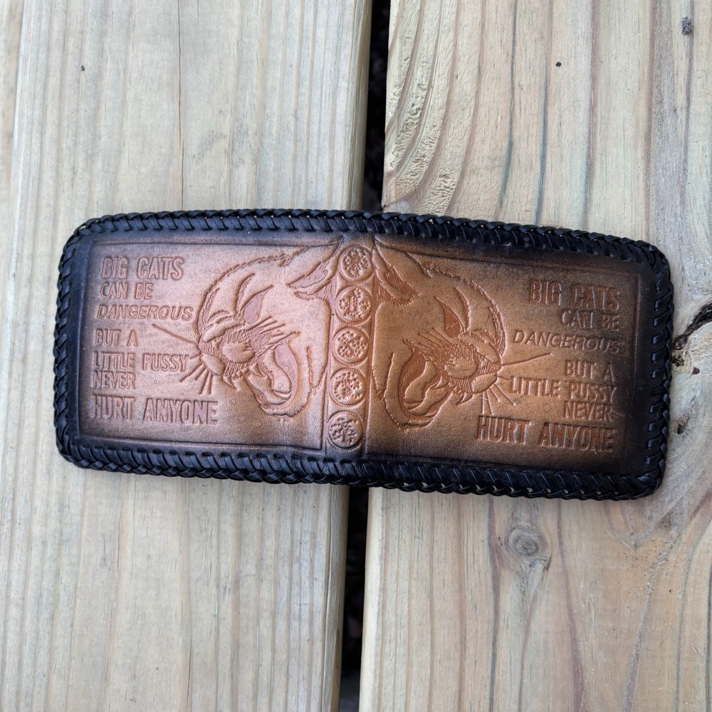 Handmade Leather Wallet Big Cats Can Be Dangerous Whipstitch Bi Fold USA Made